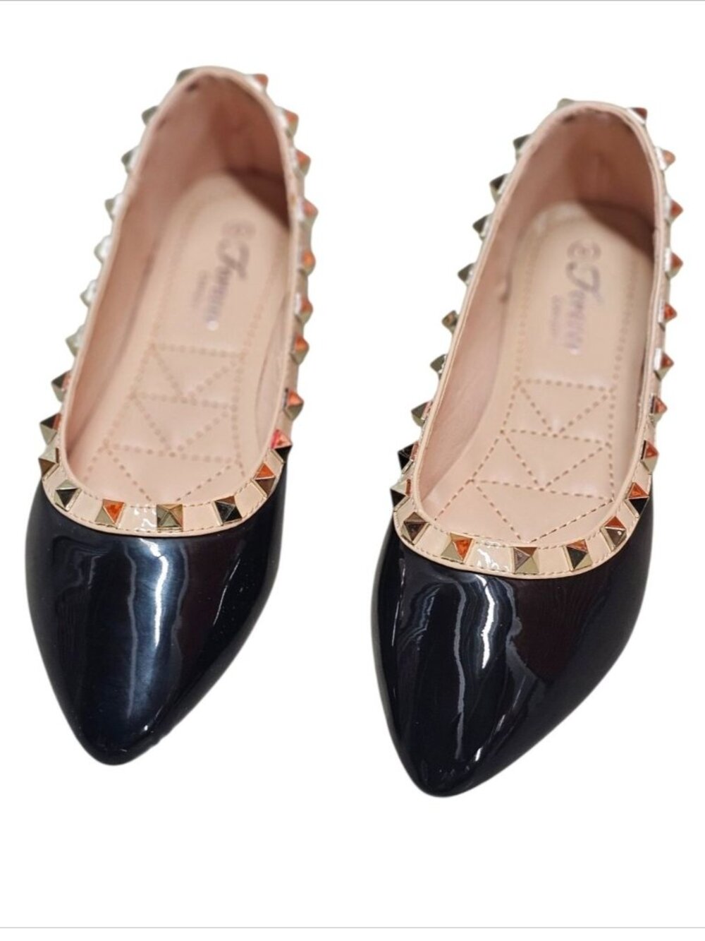 Black Patent Pointed Toe Flats With Gold Studded Trim - Picture 2 of 10